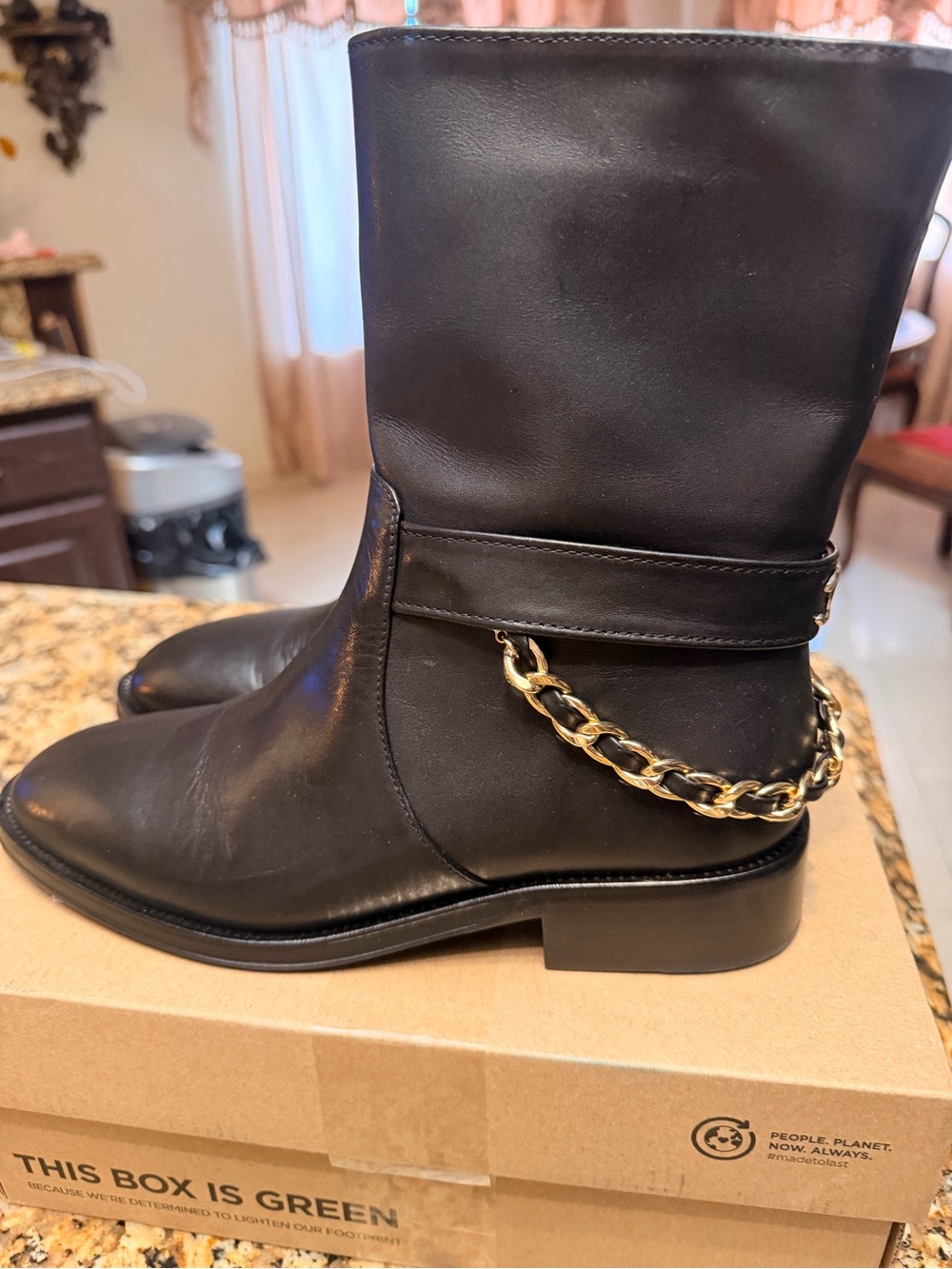 CHANEL Black Leather Chain-Trim Block Heel Ankle Boots - Picture 3 of 5